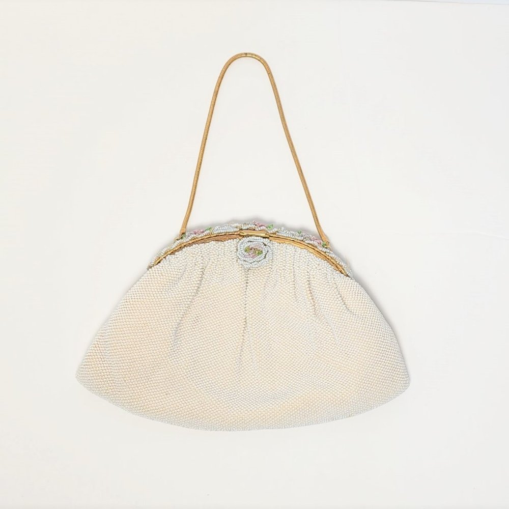 Vintage Beaded Floral Clutch Satin Lined Made in France